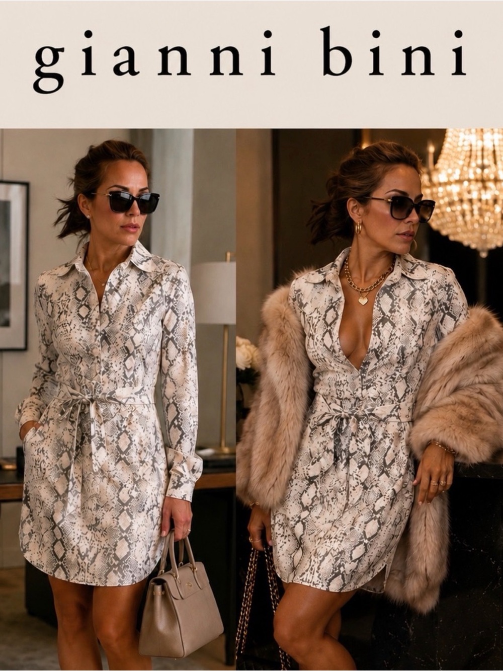 Gianni Bini Cream and Gray Snake-Print Long-Sleeve Shirt Dress